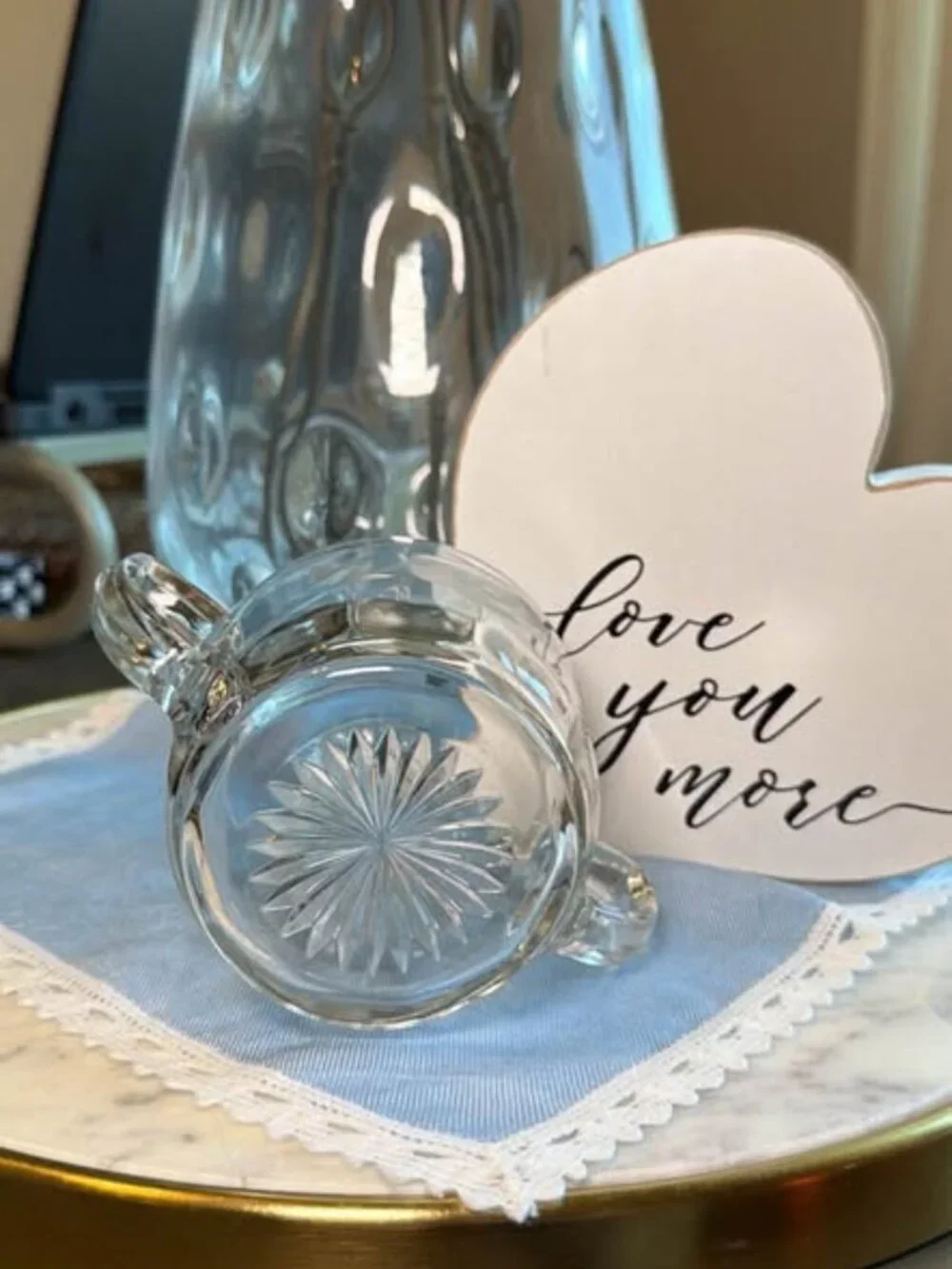 Vintage Etched Clear Glass Double Handled Sugar Bowl